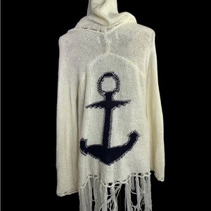 Vintage Havana womens medium coastal knitted hoodie Drawstring off white fringes
